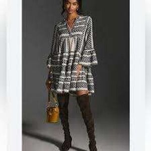 Macy Taylor Womens Black White Geometric Boho Tiered Ruffle Mini Dress